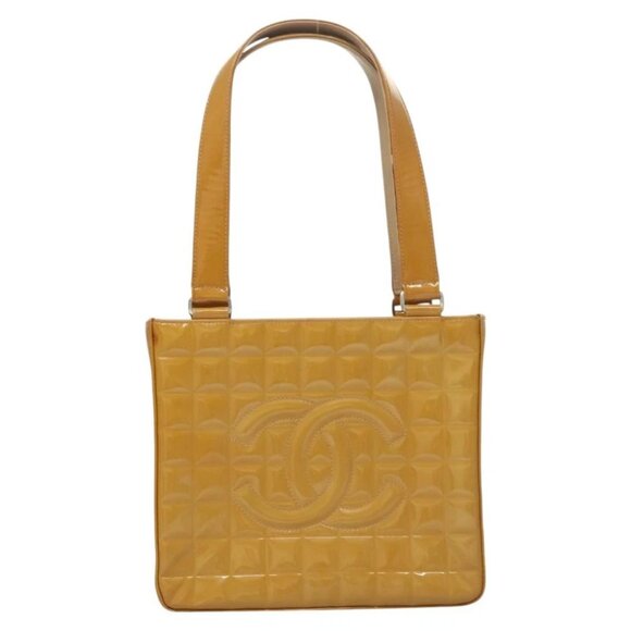 CHANEL Choco Bar Hand Bag Patent Leather Yellow Silver CC Auth mr1387 - Picture 14 of 16